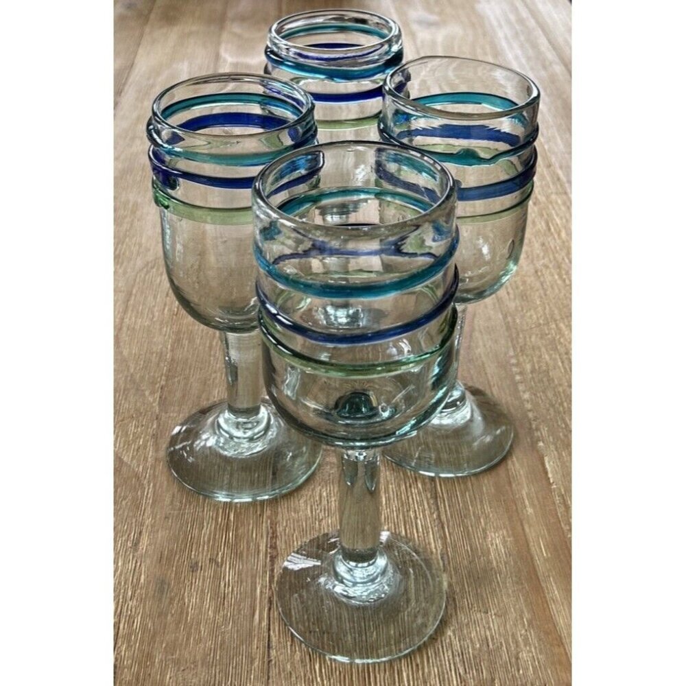 Lot Of 4 Pier 1 Blown Glass Water Goblets Raised Rings Bubbles Blue Vintage
